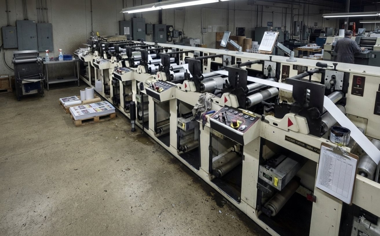 Lini mesin cetak label flexo di area produksi CV. Duta Printing