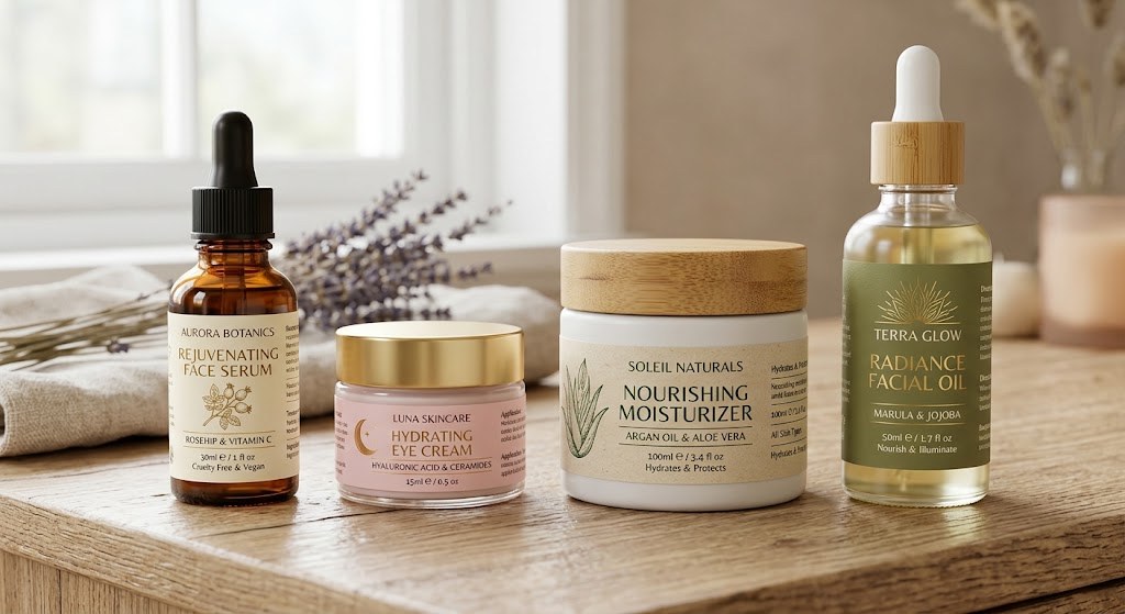 Rangkaian produk kosmetik dengan label cetak premium