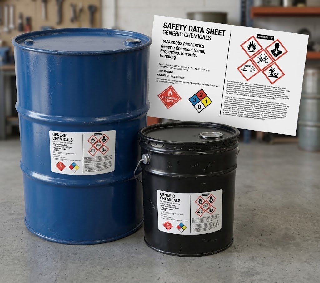 Drum dan kemasan industri dengan label tercetak